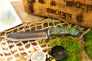 Brüder Brute Camp Knife- Blue/Green/Purple Dyed Burl - 80crv2 Steel